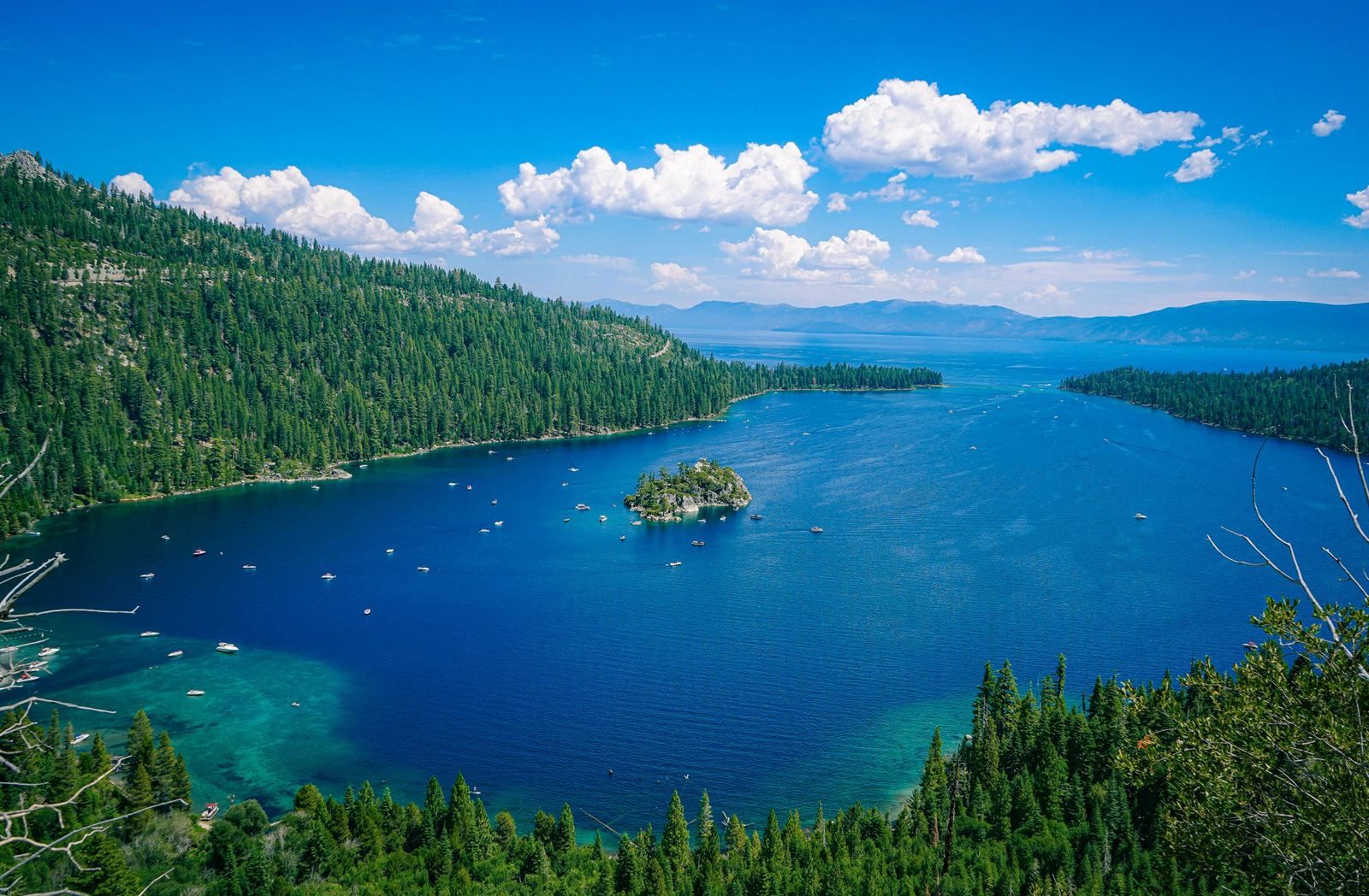 Emerald Bay and Fannette Island on Lake Tahoe, surrounded by pine forest